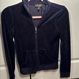 Juicy Couture Black Label Dark Blue Velour ZipUp Jacket Cotton Y2K Front Pocket